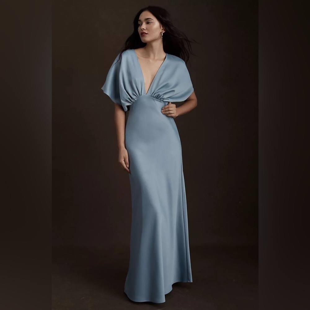 BHLDN Leila Deep-V Flutter-Sleeve Satin A-Line Gown Dusty Blue